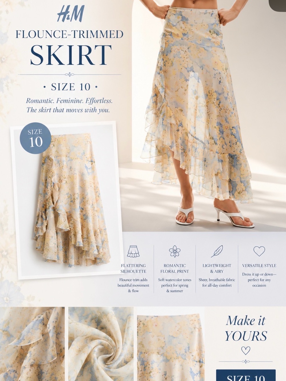 H&M Cream and Pale Blue Watercolor-Print Flounce Skirt